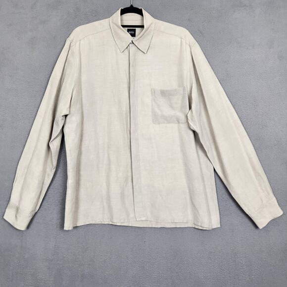 BOSS Hugo Boss Shirt Mens Large Beige Silk Linen Hidden Placket Long Sleeve - Picture 1 of 16